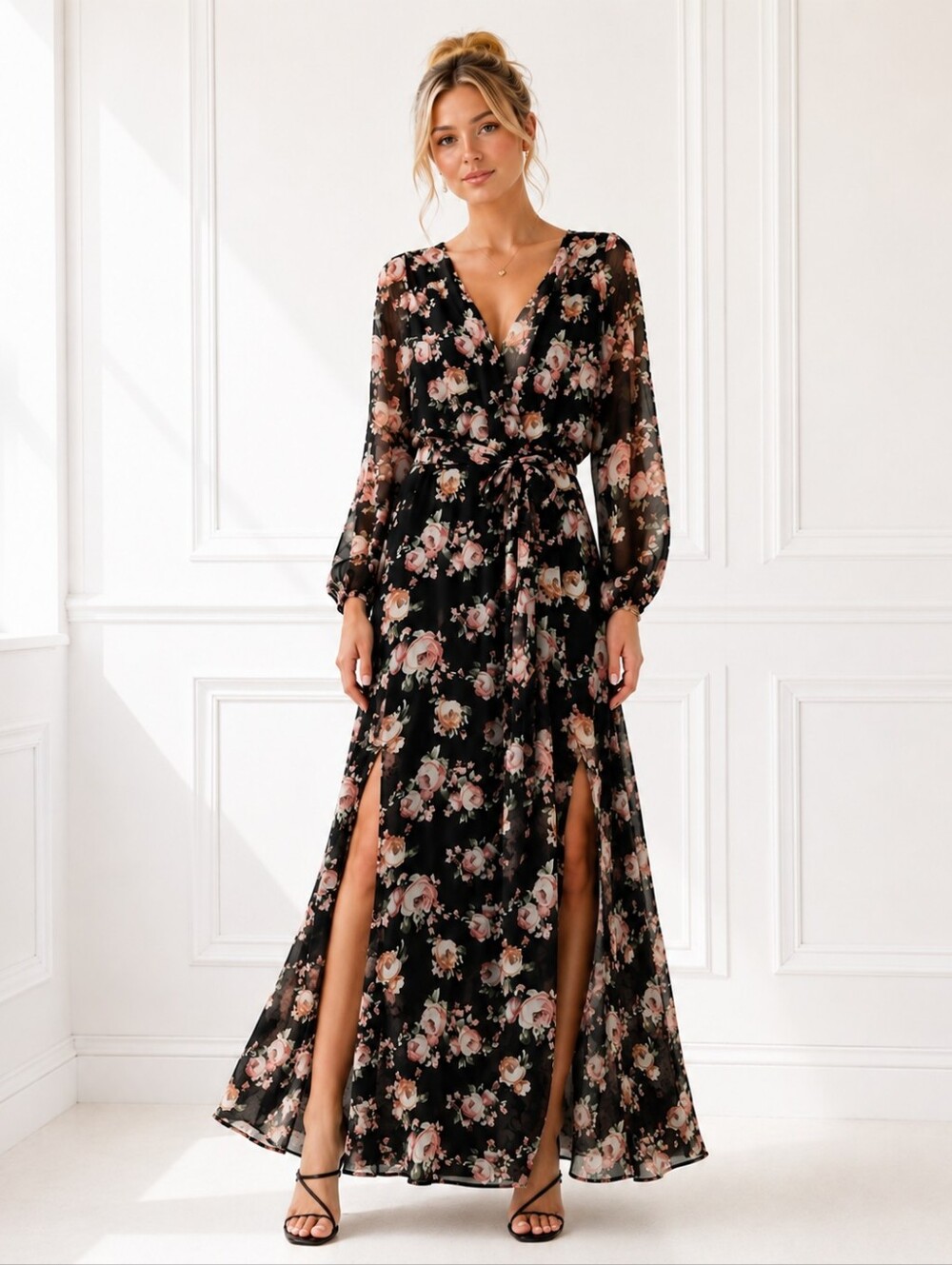 R&B Black Pink Floral Sheer Sleeve Double Slit Maxi Dress Size Large Romantic